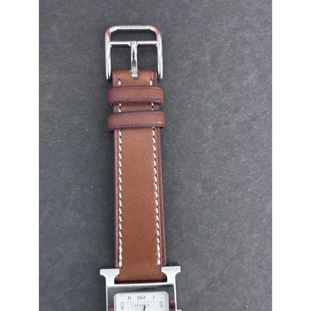 Hermes 21mm Stainless Steel And Natural Barenia Leather Here H PM Quartz Watch